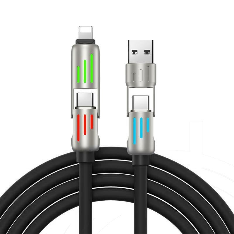 FlashCord 240W 4-In-1 Fast Charging Cable 6.6Ft – USB C to USB a Cable with LED Indicator, Triple Connector for Iphone 15/14/13, Android, Macbook – Durable Nylon Braided.