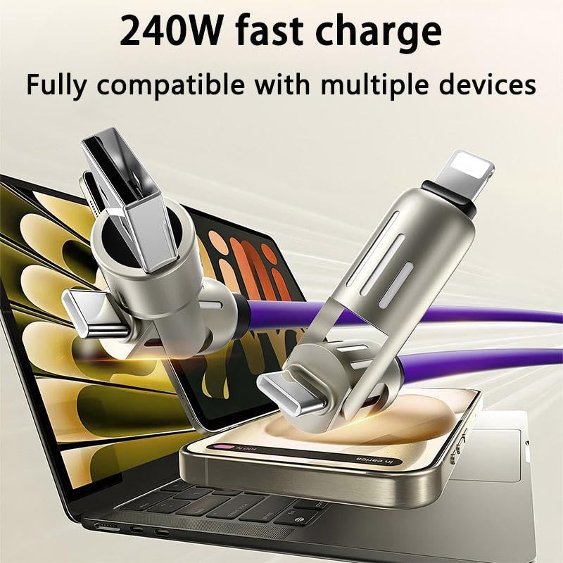 FlashCord 240W 4-In-1 Fast Charging Cable 6.6Ft – USB C to USB a Cable with LED Indicator, Triple Connector for Iphone 15/14/13, Android, Macbook – Durable Nylon Braided.