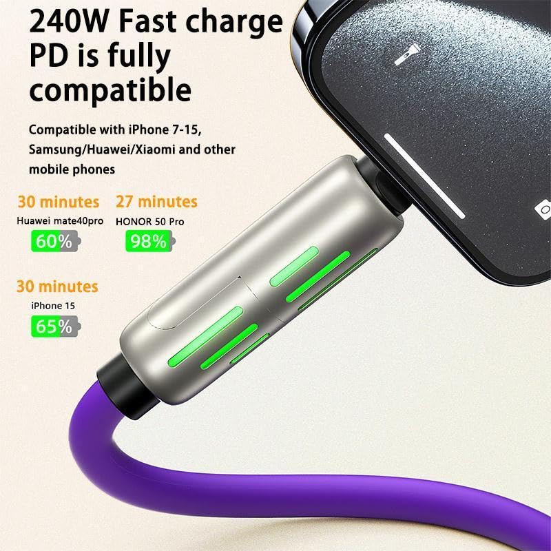 FlashCord 240W 4-In-1 Fast Charging Cable 6.6Ft – USB C to USB a Cable with LED Indicator, Triple Connector for Iphone 15/14/13, Android, Macbook – Durable Nylon Braided.