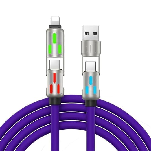 FlashCord 240W 4-In-1 Fast Charging Cable 6.6Ft – USB C to USB a Cable with LED Indicator, Triple Connector for Iphone 15/14/13, Android, Macbook – Durable Nylon Braided.