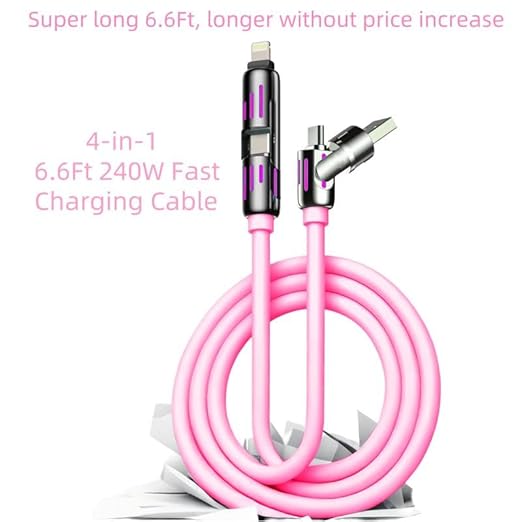 FlashCord 240W 4-In-1 Fast Charging Cable 6.6Ft – USB C to USB a Cable with LED Indicator, Triple Connector for Iphone 15/14/13, Android, Macbook – Durable Nylon Braided.